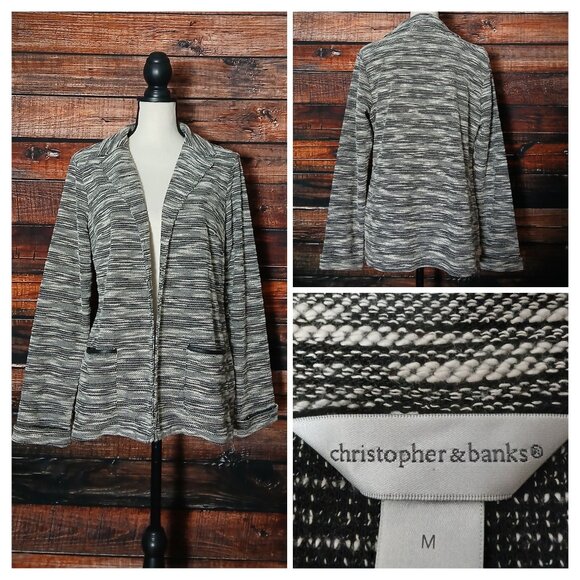 Christopher & Banks Knit Jacket Blazer M White Black Marled Open Front Pockets - Picture 1 of 9